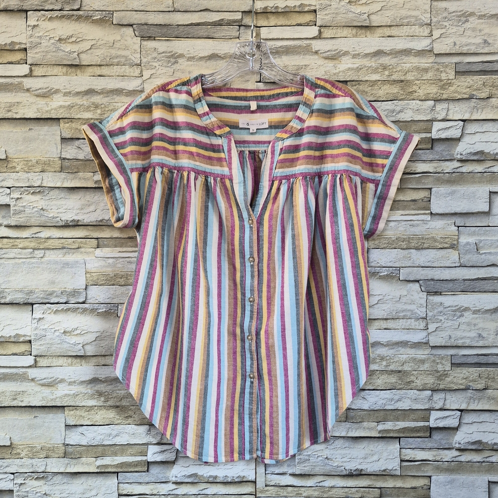 Striped Short-Sleeve Button Front Top in Multicolor
